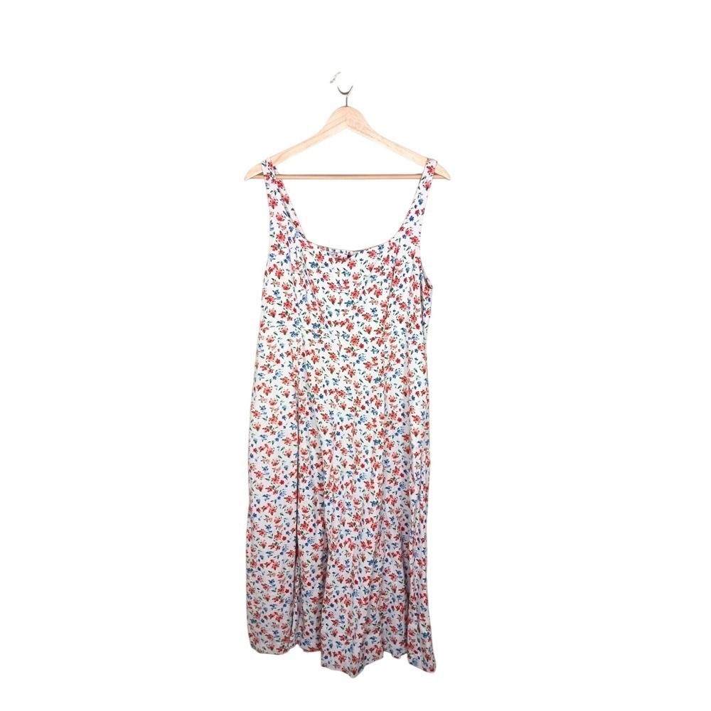 Old Navy Floral Midi Dress Large Linen Blend Smocked Sleeveless Pockets
